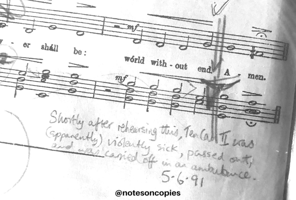 notesoncopies's tweet image. Some of the best notes on copies mark key things which happened at the point of the music being performed.
(The individual in question was fine, apparently.)