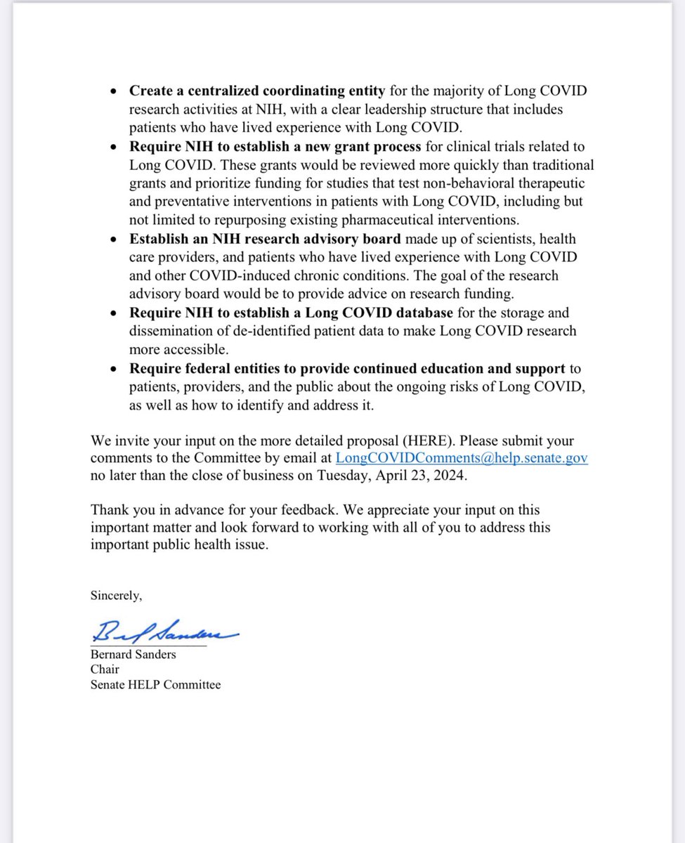 📣 <a href="/SenSanders/">Sen. Bernie Sanders</a> is asking for input from #MedTwitter &amp; #LongCovid patient/caregiver #advocacy community in advance of introducing a research funding bill for #LongCovidMoonshot. Read in full here &amp; email to LongCovidComments@HELP.Senate.gov by Tu 4/23/2024: sanders.senate.gov/wp-content/upl…