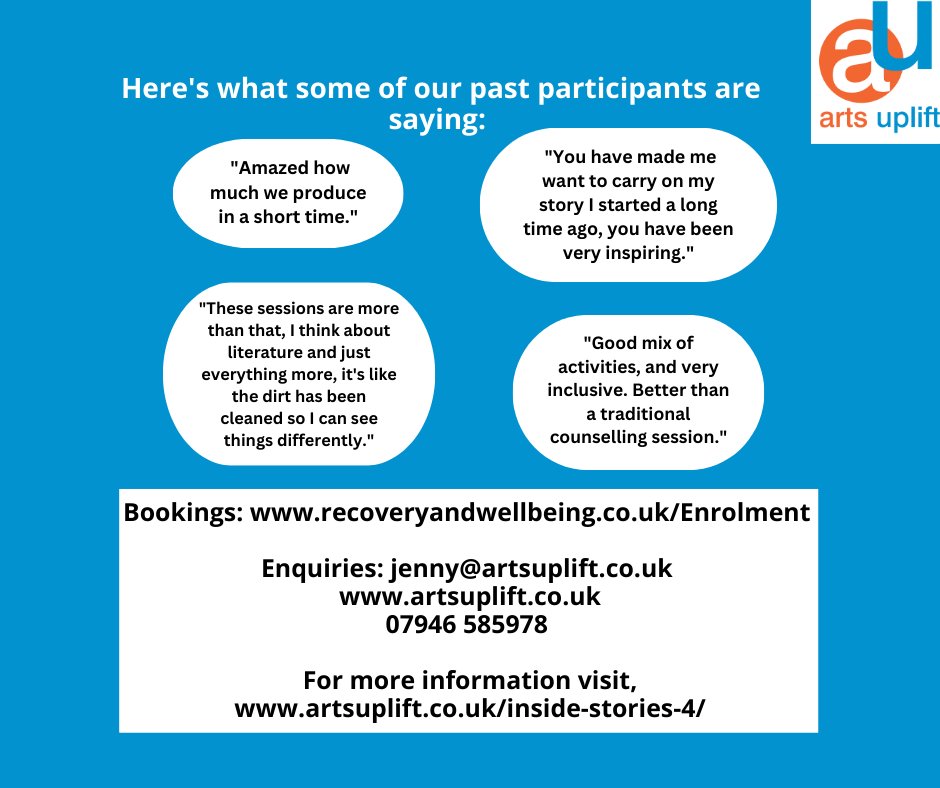 Jenny Davis (@artsuplift) on Twitter photo Join <a href="/TristanJacksonP/">Tristan Jackson-Pate</a> on Zoom, Mondays 7pm to 8.30pm for 10 weeks from 13 May, thanks to funding from <a href="/TheLotoResults/">TheNationalLottery</a> & @WilliamACadburyTrust. No experience needed - just creativity & openness! FREE!
Book now recoveryandwellbeing.co.uk/Enrolment artsuplift.co.uk
#CreativeWriting Join <a href="/TristanJacksonP/">Tristan Jackson-Pate</a> on Zoom, Mondays 7pm to 8.30pm for 10 weeks from 13 May, thanks to funding from <a href="/TheLotoResults/">TheNationalLottery</a> & @WilliamACadburyTrust. No experience needed - just creativity & openness! FREE!
Book now recoveryandwellbeing.co.uk/Enrolment artsuplift.co.uk
#CreativeWriting