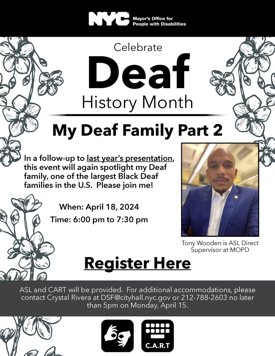 Come join us on 4/18 @ 6pm to celebrate Deaf History Month! Our very own ASL Direct Supervisor Tony Wooden will spotlight his Deaf family, one of the largest Black Deaf families in the U.S. To register: tinyurl.com/45w8sw9n Hope to see you all there!