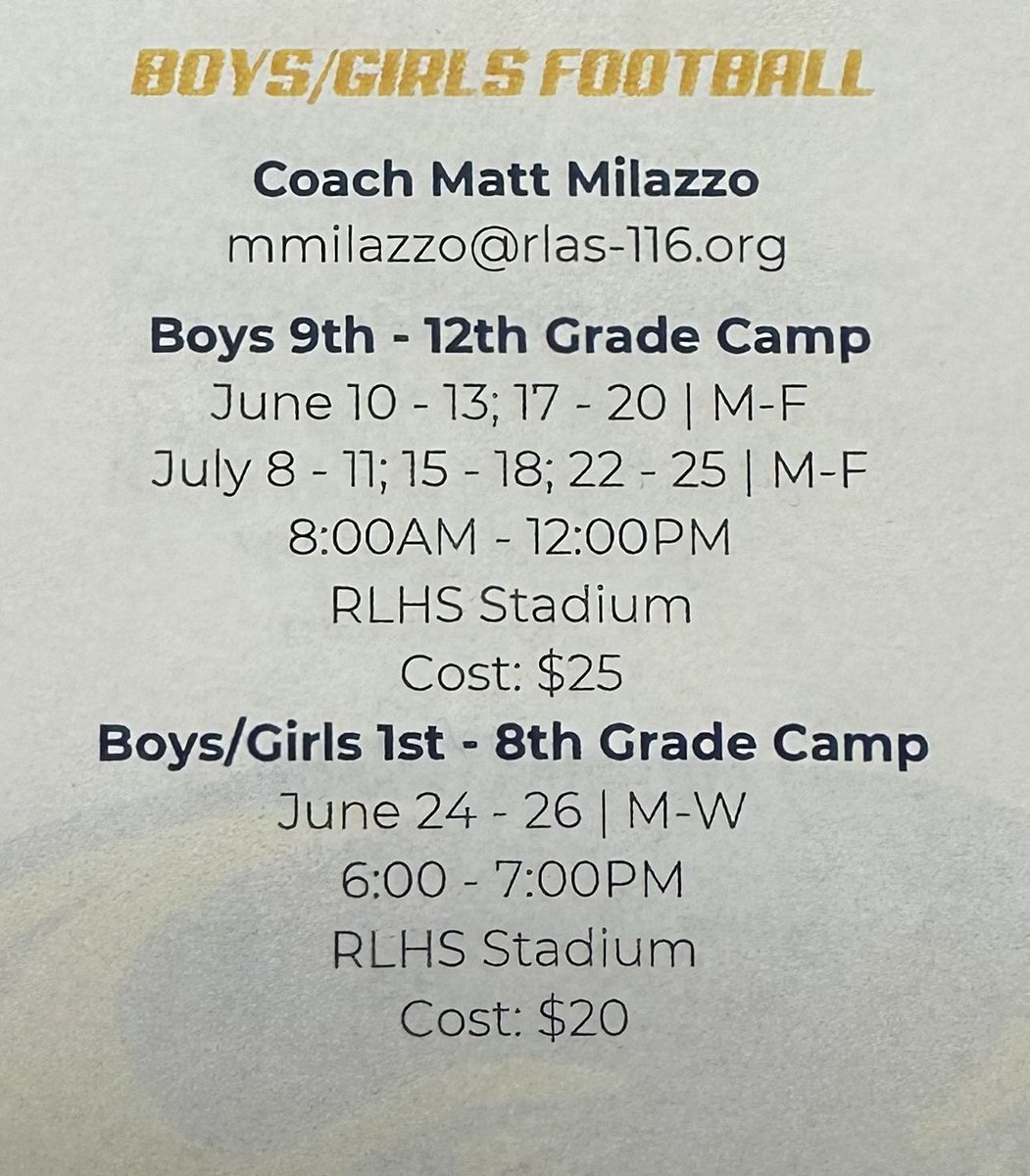 Football Summer Camp dates! Save the dates, spread the word and sign up! docs.google.com/forms/d/1C-bVc… #summercamp #keepbuilding