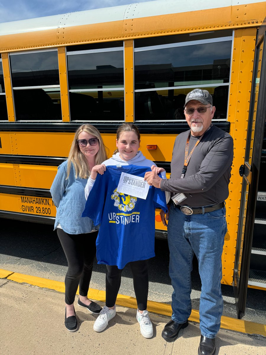 Ms_Rybczynski's tweet photo. Congrats to two Upstanders on bus #174! Marley and Emily were nominated by their bus driver, because they are both excellent students and passengers on the bus! They always follows the rules, are very polite, friendly, and kind to all. Awesome job! @StaffordTwpEd @Stafford_INT https://t.co/h5Iu4f1Va4