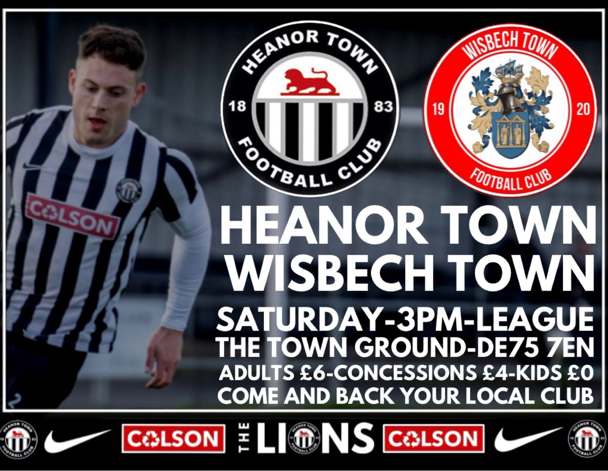 HEANOR TOWN v WISBECH TOWN 📆Saturday ⏱3pm 🏆League 🏟The Town Ground 📍DE75 7EN 🎟Adults £6 💷 🎟Oap’s £4💷 🎟Ages 16 to 21 £4💷 🎟Kids £0 🍺Bar Open💷💳 🍔Tea Bar Open💷 👨‍👩‍👧‍👦Come & back your local club 🤝Match Sponsor Wright-Shaw Utilities