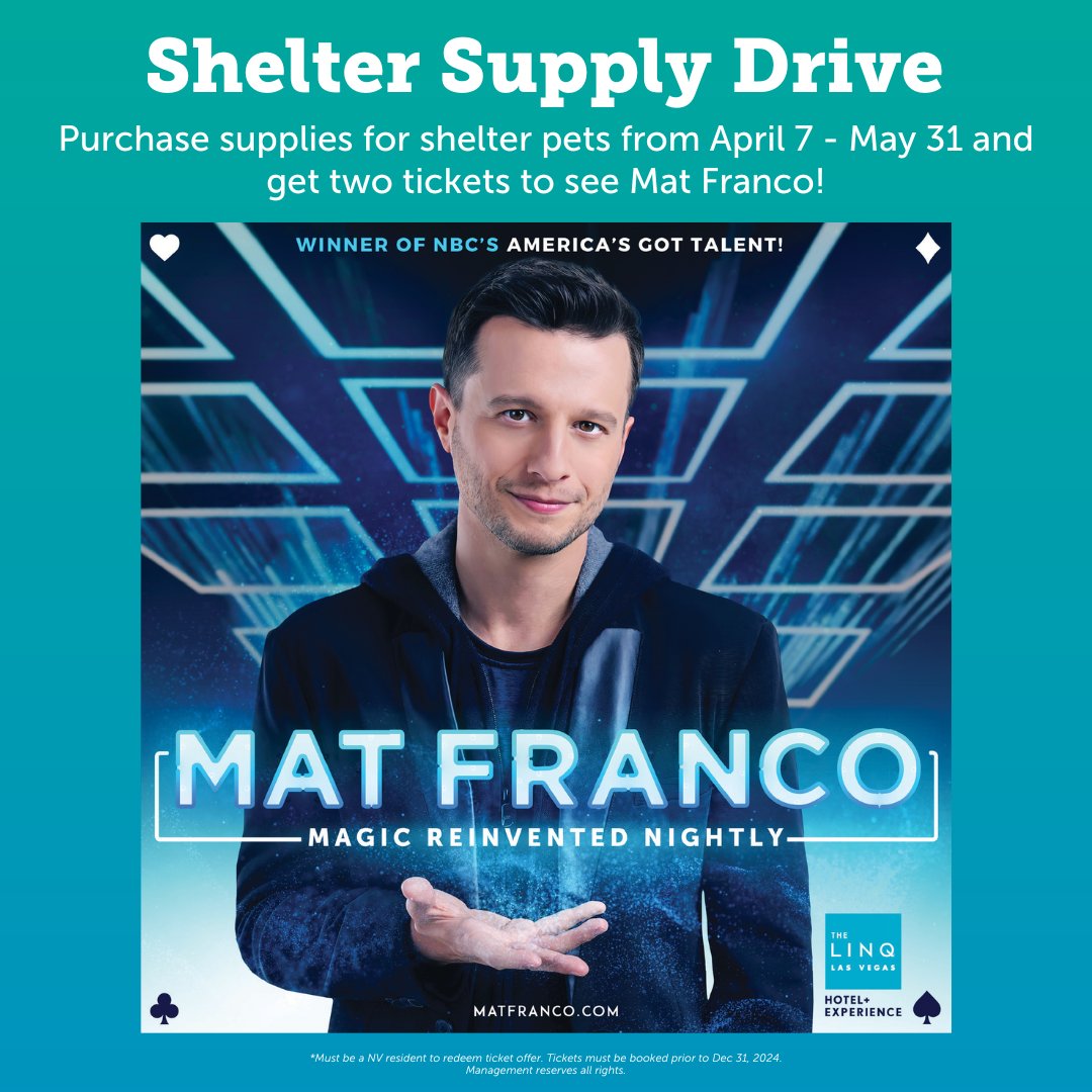 Need an idea for date night? ♣️♥️♠️♦️ We're working with @matfranco to help shelter pets in need & provide some entertainment in the process. Purchase $40 of items off our wishlist at the link below & receive two tickets to see his show, live @TheLINQ bit.ly/FrancoDonation…