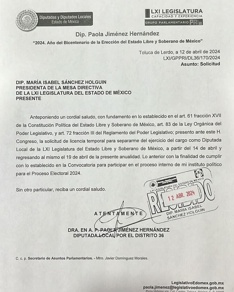 He solicitado licencia a mi encargo como Diputada de la @Legismex para participar en el proceso de postulación a la Alcaldía y diputaciones de #Toluca en el @PRI_EDOMEX ¡Las causas de la gente siempre al frente, con todo y para adelante! 

#PaolaJiménez #Toluca
