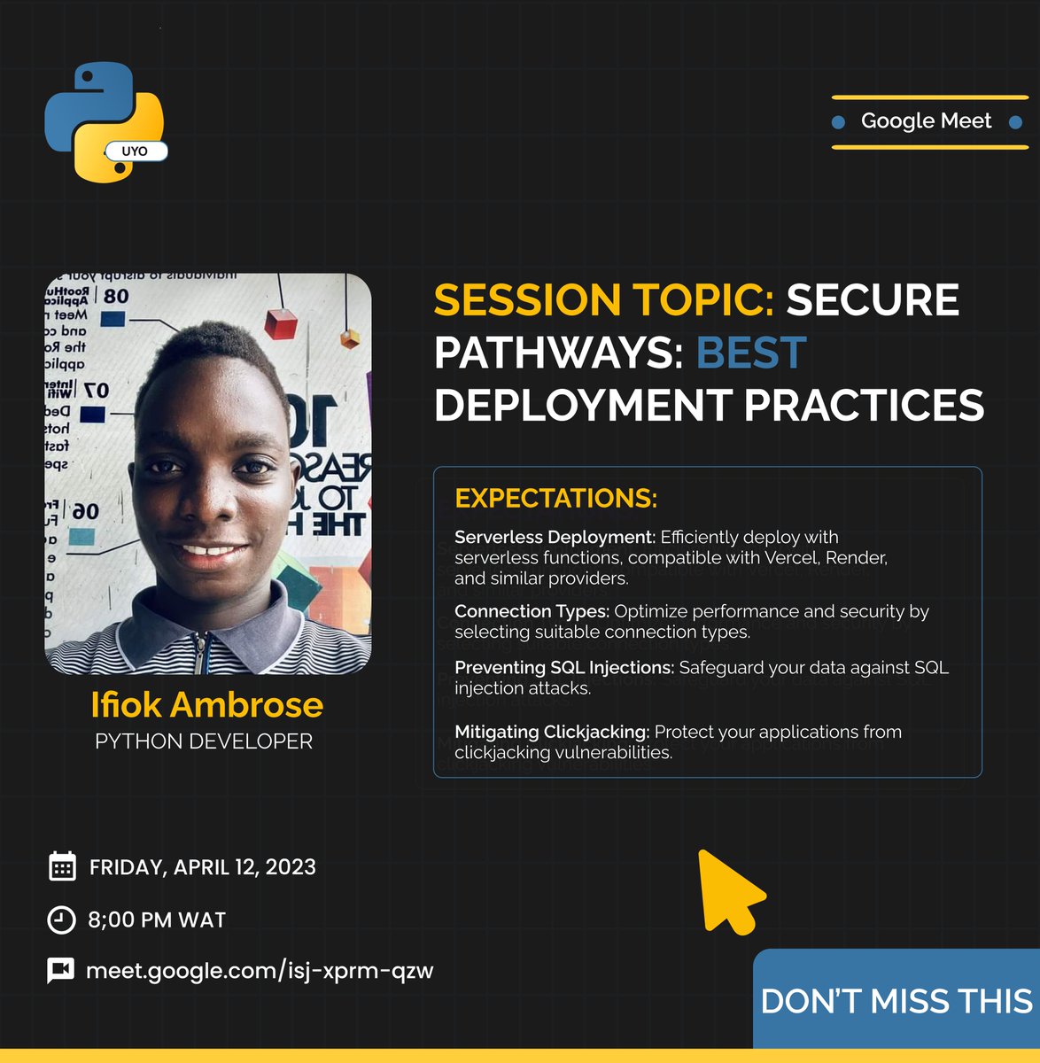 REMINDER: Secure Pathways: Best Deployment Practices
Calling all Python developers! 

Don't miss out! 
Venue: meet.google.com/isj-xprm-qzw

See you there !
Join our community: chat.whatsapp.com/E8Zc00I7BMU85E…

#WebSecurity #DeploymentStrategies #pythonuyo #python #django
