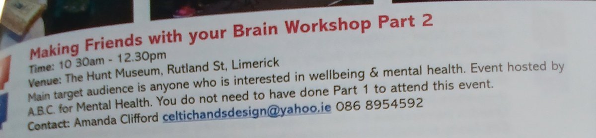 On this wkend's Spotlight : we look @, some of the events during #LimerickLifelongLearning Festival inc a Making Friends with Your Brain workshop on April 17th. @ABCforMH + a reminder that episode 2 of @susdennehy series #TheLastOneOnTheTrain airs Sun @ 7.30pm @RTERadio1 (1/2)