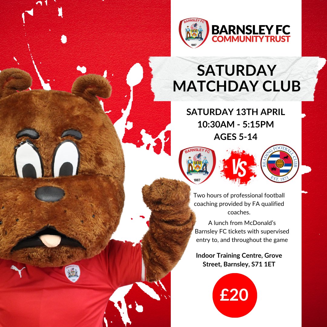 SATURDAY MATCH DAY CLUB | READING FC 🔴⚽ Sign your child(ren) up to our #SaturdayMatchDayClub for @Barnsleyfc's penultimate home game of the season! Book now ➡️ loom.ly/4T69e18