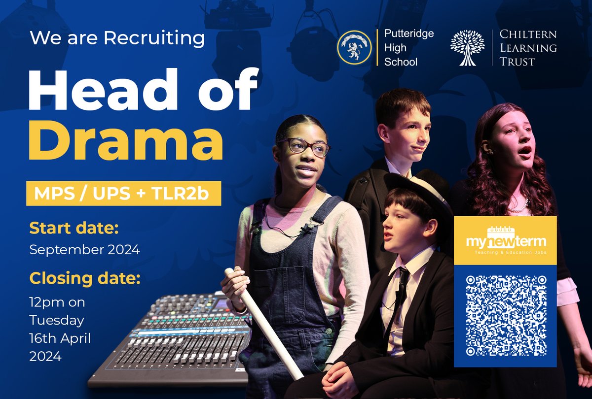 CLOSING SOON! Applications for our Head of Drama post close midday on Tuesday 16th April. Don't miss this fantastic opportunity to lead drama within our thriving performing arts team. Apply now via MyNewTerm now. mynewterm.com/school/Putteri…