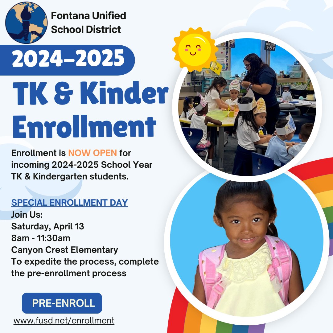 Enrollment for the 2024-2025 School for TK & Kindergarten is OPEN! We are hosting a special Saturday Enrollment Event at Canyon Crest Elementary tomorrow from 8 -11:30 am. No appointments are necessary. Please complete the pre-enrollment process. fusd.net/Page/10339