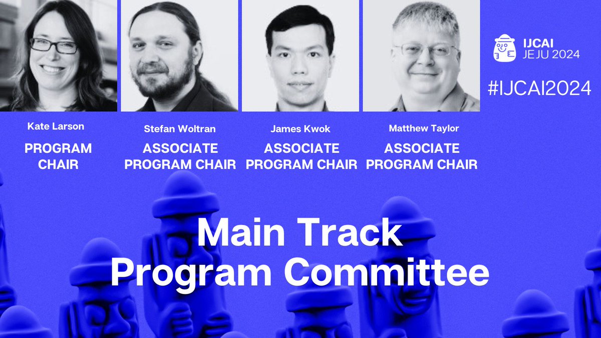 #IJCAI2024's Program Committee brings together a dedicated & diverse community representing a range of #AI research and innovation.
🦾Program Chair: Kate Larson @UWaterloo
🦾Associate Program Chairs: 
Stefan Woltran @tu_wien 
James Kwok @hkust 
Matthew Taylor @UAlberta 

(1/2)