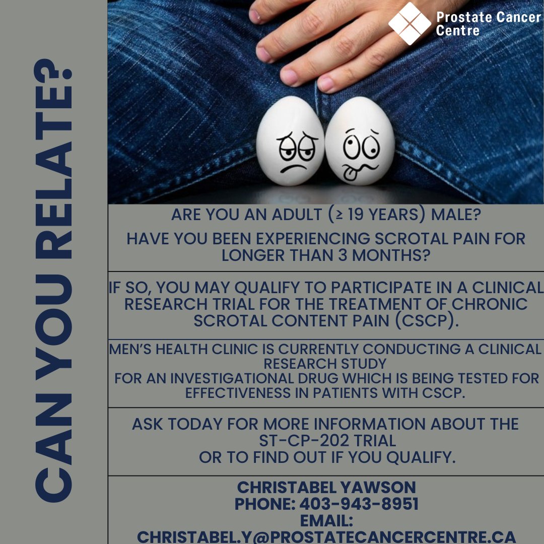 Participate in our clinical research trial! If you're a male (≥ 19 years) experiencing chronic scrotal pain for over 3 months, you might qualify for the ST-CP-202 trial. Contact Christabel Yawson at 403-943-8951 or christabel.y@prostatecancercentre.ca for details. #MensHealth