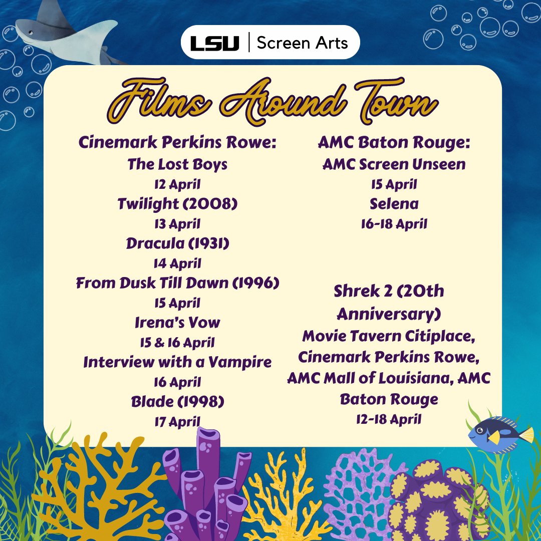 LSUScreenArts's tweet image. Fan of vampire movies? There are several vampire films being screened around town this week! This week AMC’s Screen Unseen is happening this week. Tickets are $5, and the featured unreleased film remains a mystery until showtime. #geauxSCRN