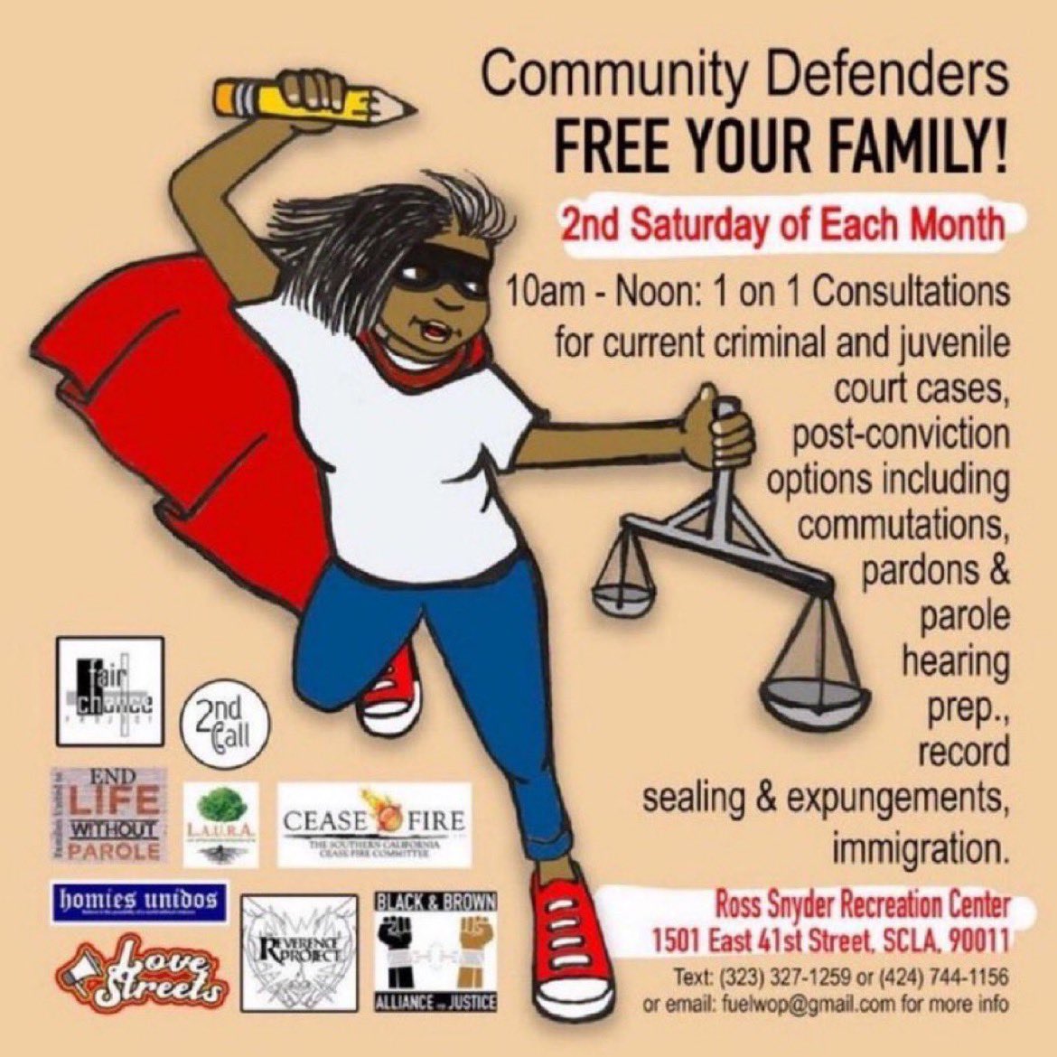 Free legal clinic tomorrow - Saturday, April 13 and the second Saturday of each month - at Ross Snyder Park on 41st and Compton in SCLA @LACityParks. Come in anytime between 10am and noon. @FUEL_EndLWOP @c_c_w_p @endfelonymurder @LAPublicLibrary @CBPS_Collective