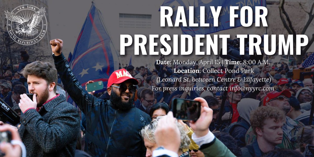 Join the NYYRC as we peacefully rally in support of President Donald Trump against a political WITCH HUNT! Bring your MAGA hats and Trump signs and we’ll see you on Monday, 4/15 at 8am at Collect Pond Park! BE THERE. 🇺🇸 For press inquiries, contact info@nyyrc.com.