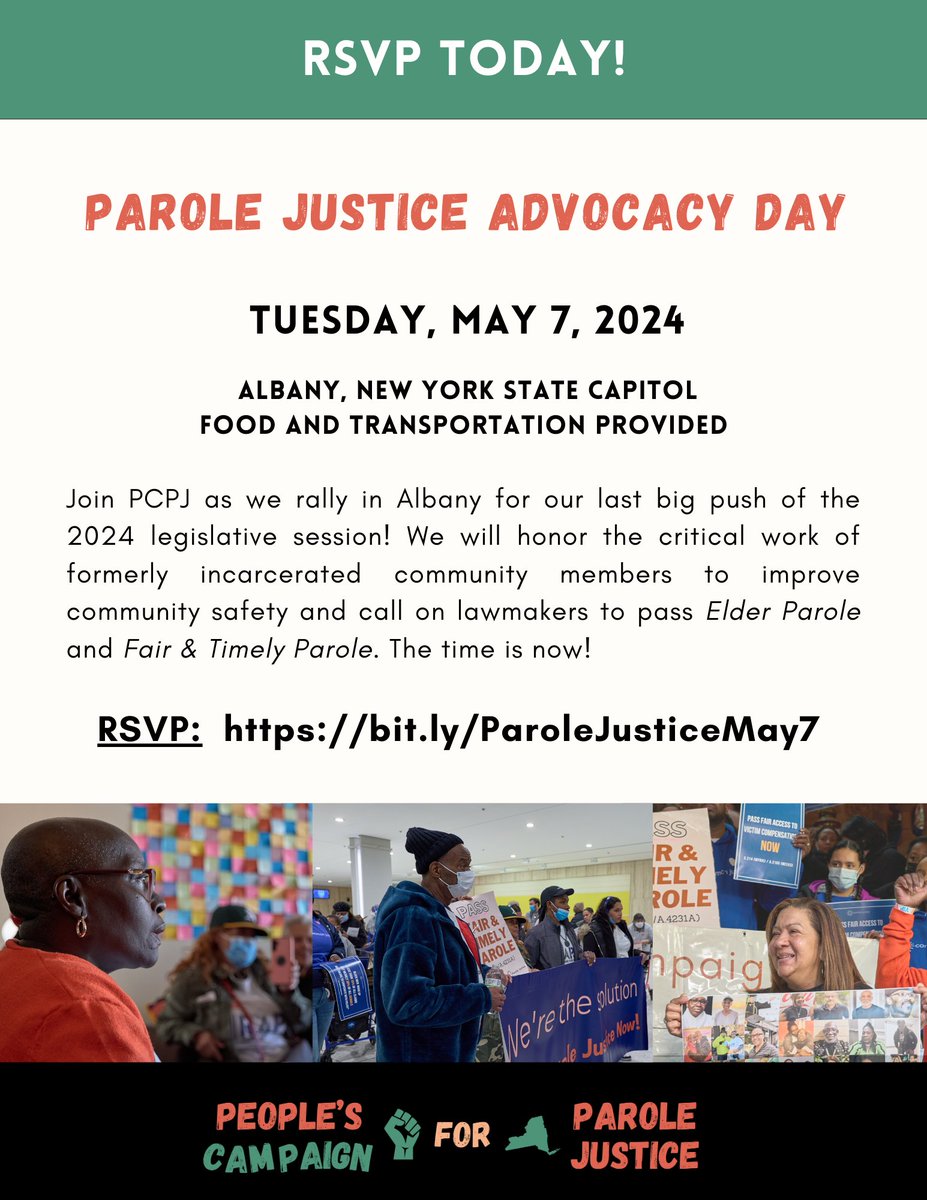 Parole Justice Advocacy Day! On May 7, get on the bus to NY's Capitol for a POWERFUL day of advocacy + community-building to celebrate the work of formerly incarcerated people to improve community safety & bring home more leaders. RSVP TODAY: bit.ly/ParoleJusticeM…