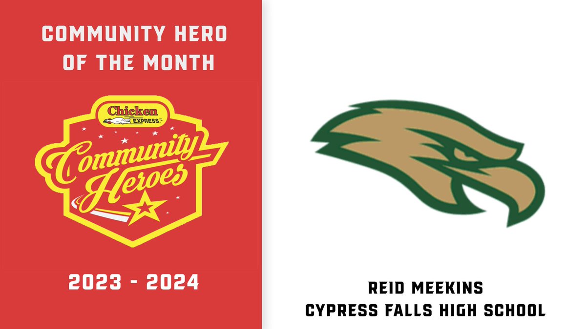 Congratulations to Reid Meekins of Cypress Falls High School on being named the Community Hero of the Month presented by @Chicken_Express! WATCH: youtu.be/oHw-8Hsfv4s @Chrisbrister5 @cyfallshs @CyFairISD