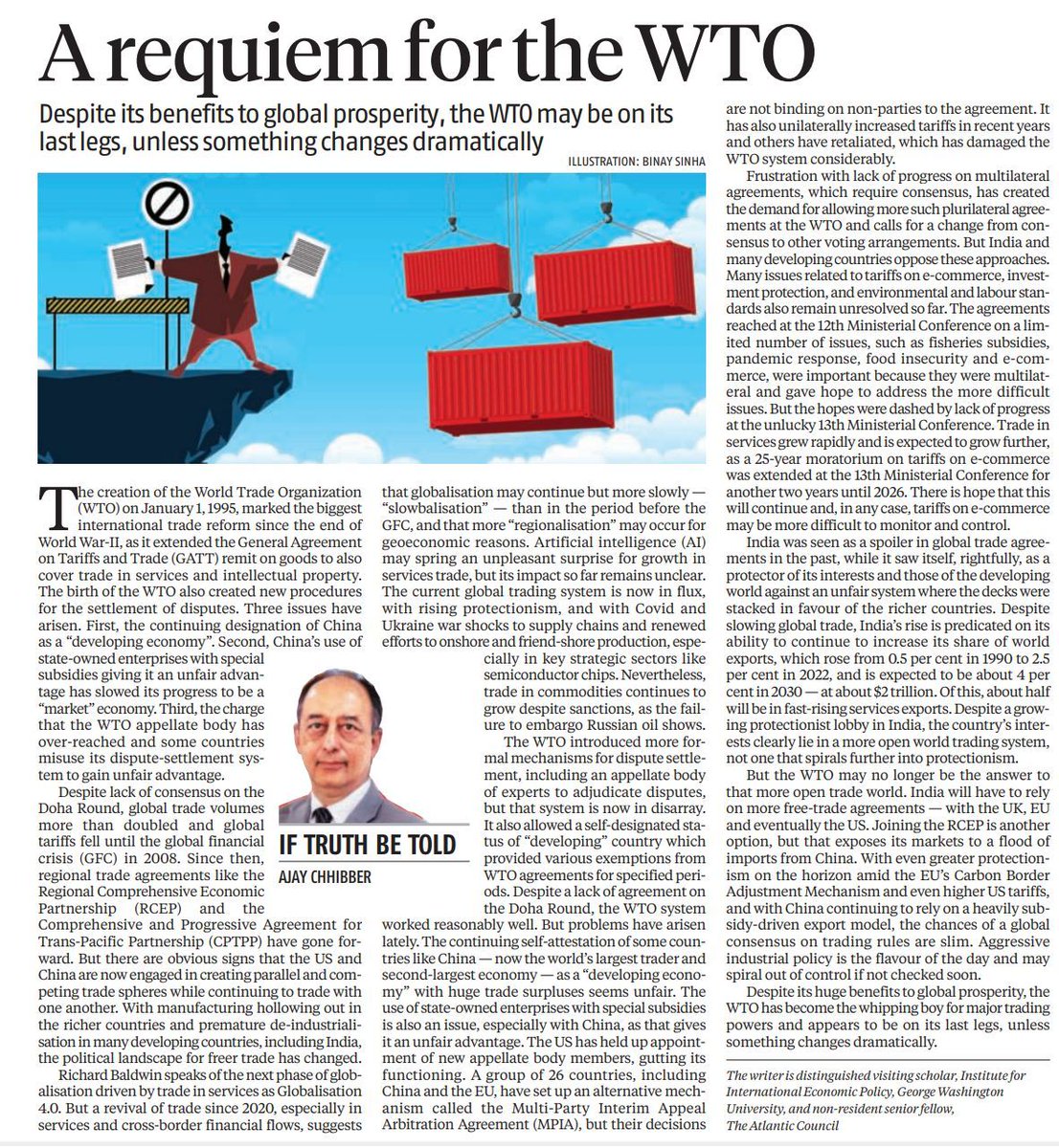 Can the WTO be the answer to upholding free trade agreements with changing dynamics caused by globalization? Read IIEP Distinguished Visiting Scholar Ajay Chhibber's new article in @bsindia titled 'A requiem for the WTO' discussing this topic. Read here: bit.ly/3VThaCX