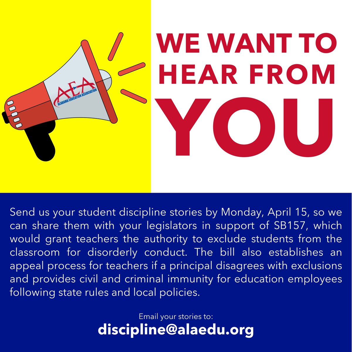 Do you have a challenging student discipline experience? Please share with us via email to discipline@alaedu.org by Monday, April 15th! These stories will assist us in advocating on your behalf as we work to try and pass SB157. You may remain anonymous. #myAEA