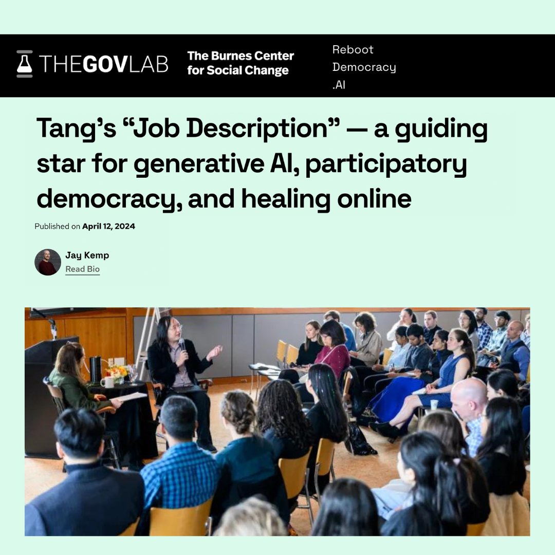 Last Friday we heard from the Digital Minister of Taiwan, @audreyt, on her career using technology to improve governance. The talk inspired @JayTTKemp who wrote about it in the latest Reboot Democracy article. Read more: rebootdemocracy.ai/blog/Audrey-Ta…