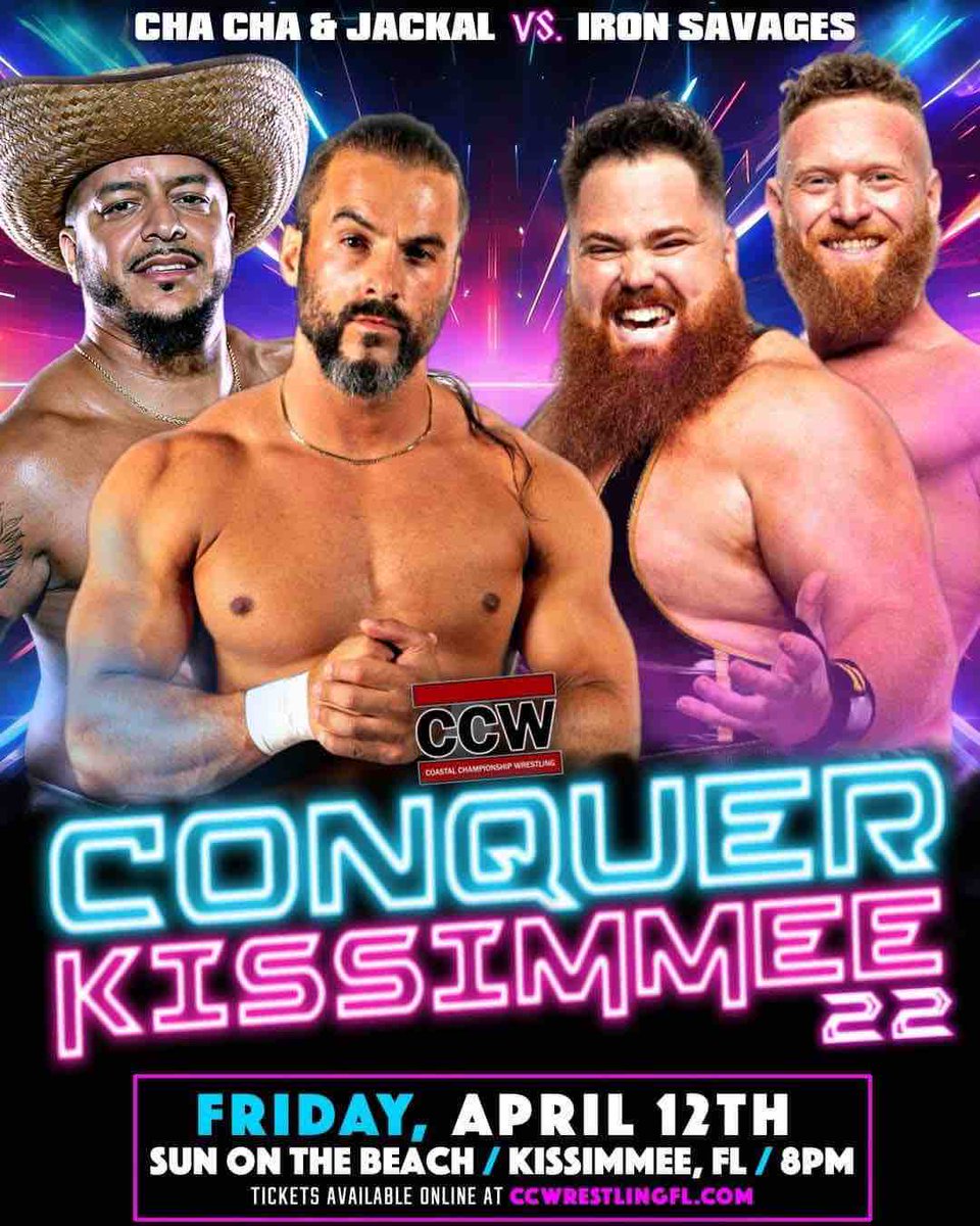 **TONIGHT** CCW presents Conquer Kissimmee 22 📍 Sun On The Beach in Old Town ⏰ 8PM Belltime CHA CHA CHARLIE & JACKAL STEVENS vs. THE IRON SAVAGES Do not miss it! Buy your tickets now! Tickets 🎟️: ow.ly/NsTI50ReHNW