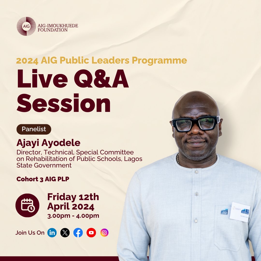 AigFoundation's tweet image. Save the date and join us for an enlightening discussion!
#AigPublicLeadersProgramme #LinkedInLiveQandA #AigImoukhuedeFoundation #ClosingtheGapbetweenAfricaandtheWorld