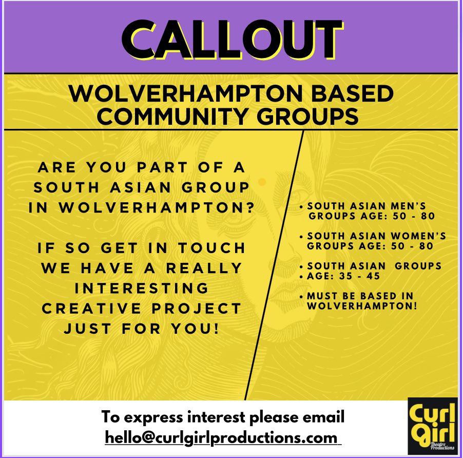 #wolverhampton based #southasian community groups please get in touch! We have a really interesting creative project you could be part of!  

Email hello@curlgirlproductions.com

#wolverhampton #blackcountry #southasiancommunity #letsconnect