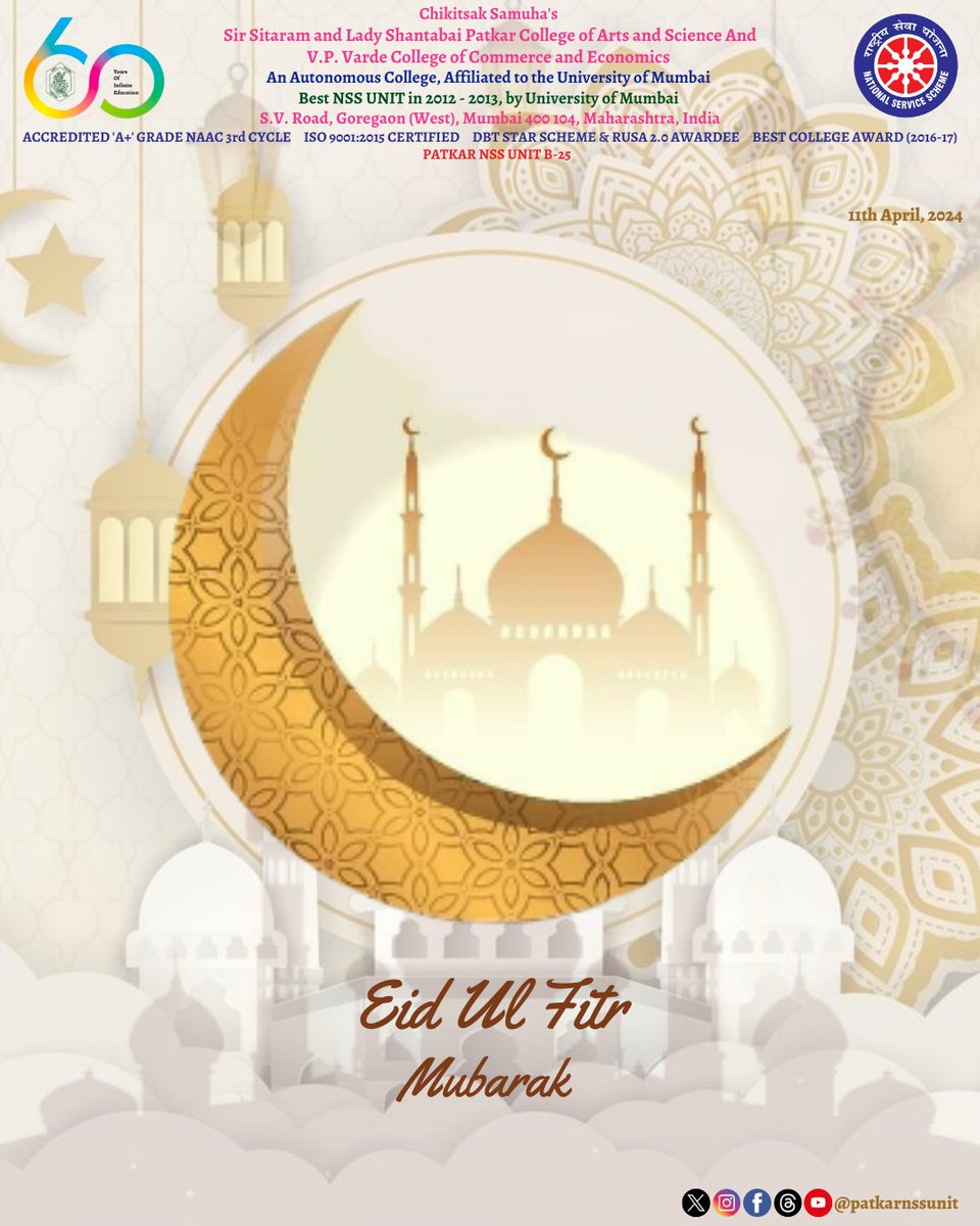 Patkarnssunit's tweet photo. Jai Hind 🇮🇳

PATKAR NSS UNIT B-25, Wishing you and your family a joyous Eid-ul-Fitr filled with peace, love, and prosperity. May this special day bring you happiness and countless blessings. Eid Mubarak! https://t.co/dzIHM1QBoi