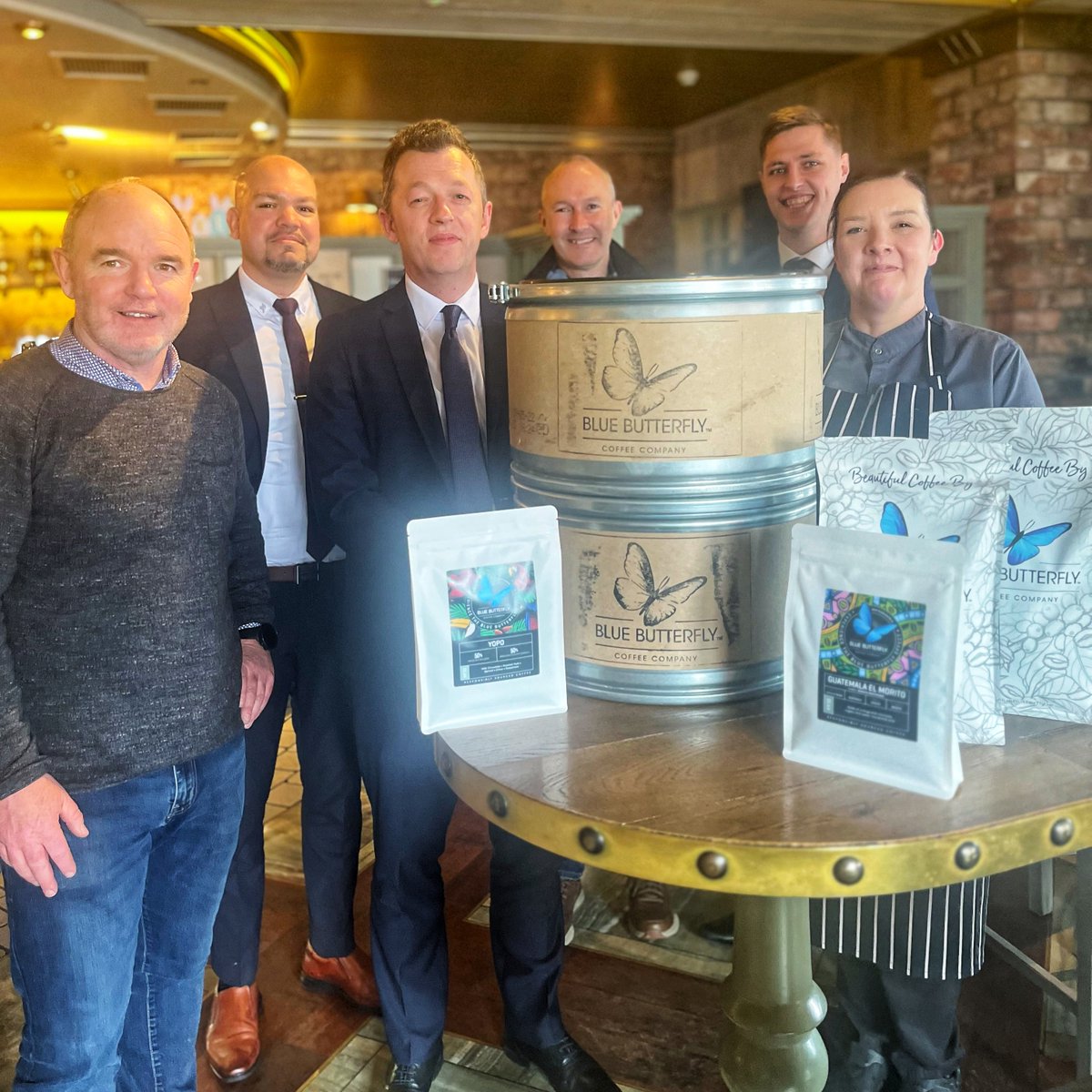 Delighted to kickstart our partnership with Blue Butterfly as our new coffee provider @ Kayne's, Dromhall & Randles. We had Fintan & Paul in to help us sample the wonderful tastes & blends this week #coffeelover #coffee #fairtrade #bluebutterfly #sustainability #kaynes #killarney