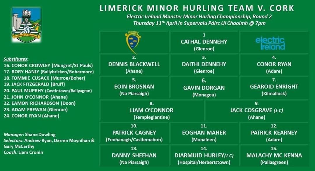 Best Wishes to Liam O'Connor who starts in midfield for @LimerickCLG Minor Hurlers in their opening game v @OfficialCorkGAA in Páirc Ui Caoimh tomorrow night. Game is available to watch online via @clubber
