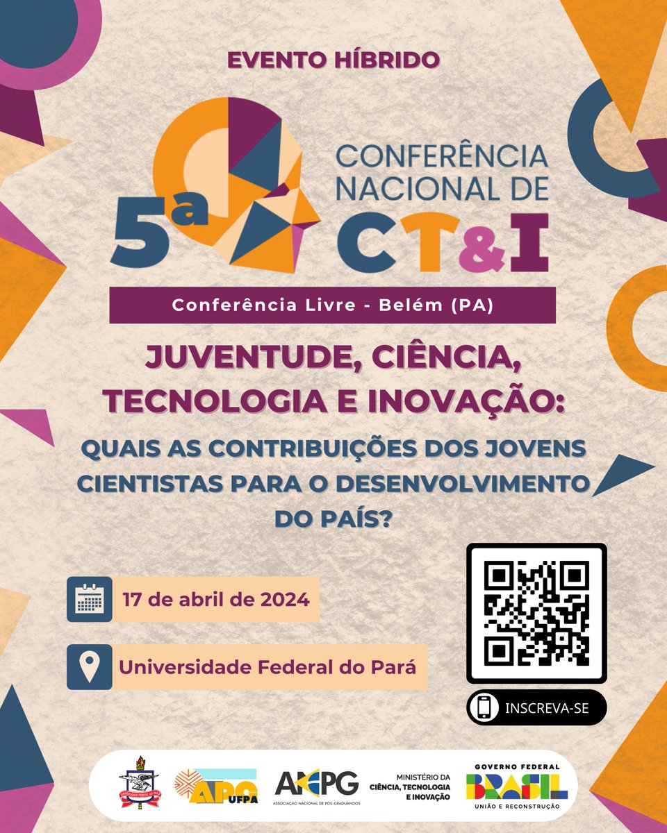 Conferência livre promovida pela @APGUFPA, junto com a @anpg, com apoio da UFPA e do Ministério da Ciência, Tecnologia e Inovação (@gov_mcti), vai discutir Juventude, Ciência, Tecnologia e Inovação, no dia 17 de abril, na UFPA. Saiba mais no #portalUFPA tinyurl.com/ConferenciaCTU…