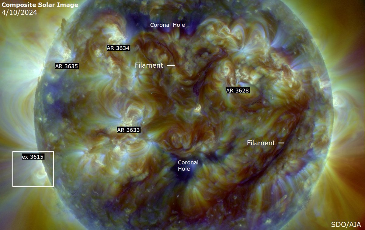 Here is an updated composite look at the visible solar disk courtesy of SDO. Solar activity increased somewhat with a number of minor C-Flares detected. Old AR 3615 is also about to return into view from off the southeast limb. Full update via SolarHam.com