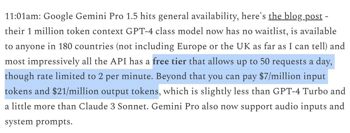 This is the craziest example of the ongoing AI frenzy I've ever seen. As far as I can tell this means that a single developer can make queries that burn $1,400 worth of compute for free *per day* (e.g. 'reverse the following 1M token string') — 50 * (7+21) = 1,400. HT @simonw