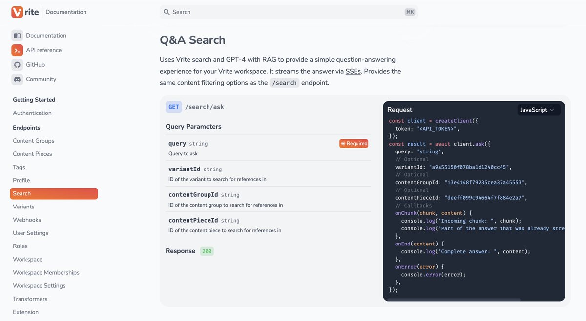 Experiment writing API docs with <a href="/vriteio/">Andesine (prev. Vrite)</a>

"Hybrid" approach - param details fetched from a schema - examples, description, etc. written separately

Content synced from Vrite to GitHub repo (in MDX files), and final site created using Astro (with search/Q&amp;A powered by Vrite)