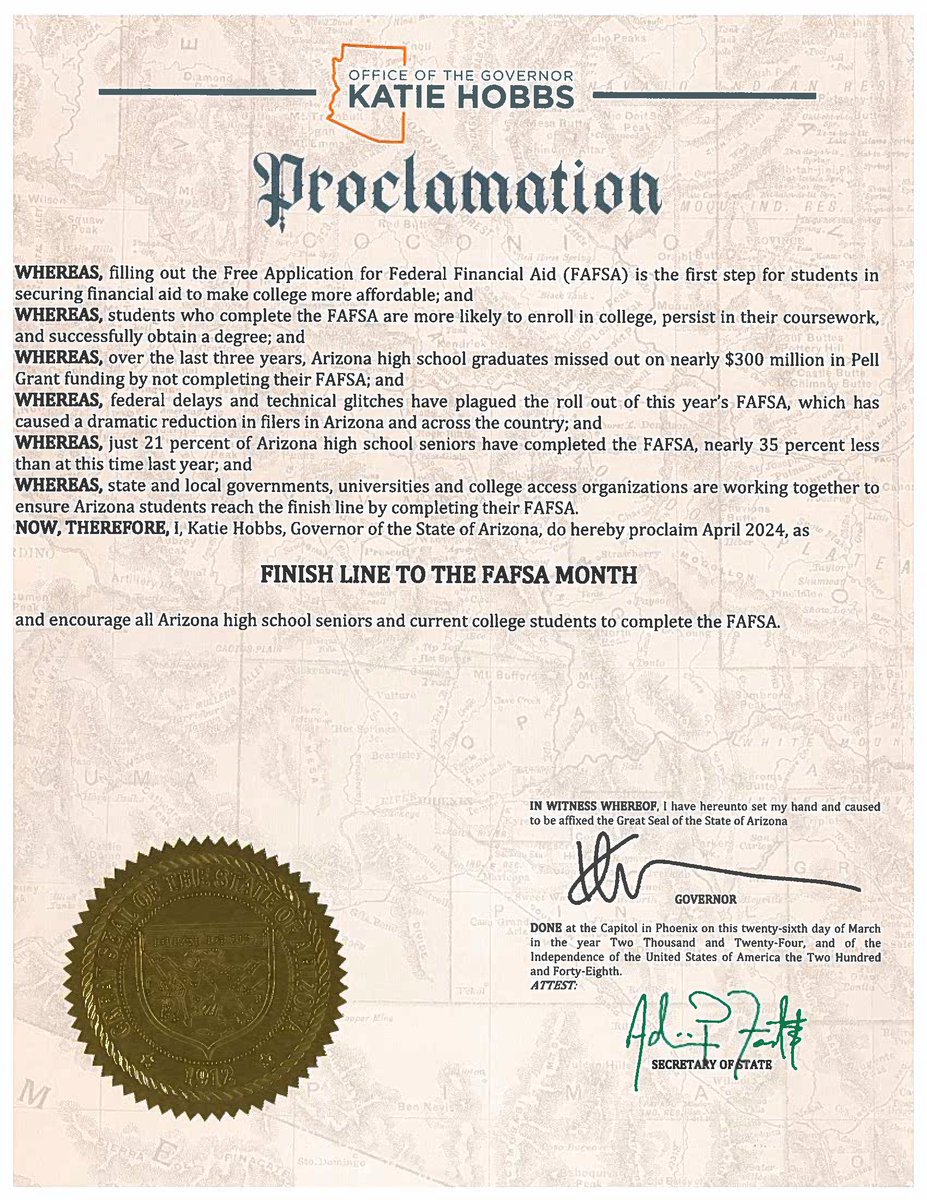 With just 23% of AZ seniors submitting FAFSA, the board and statewide partners are uniting to bolster completion. To kick off these efforts, @GovernorHobbs declared April as the Finish Line to the FAFSA month. Find FAFSA events, support and resources at CollegeReadyAZ.com/FAFSA.