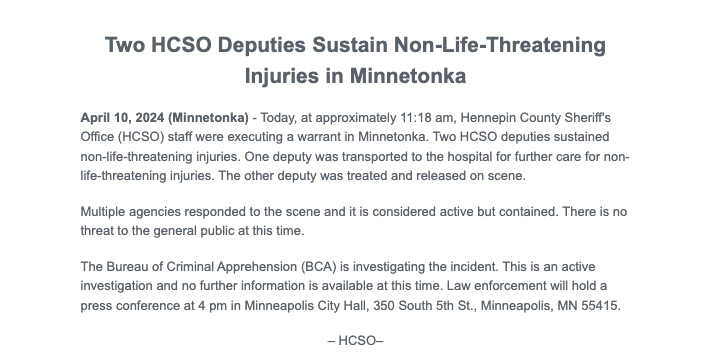 Press release from the Hennepin County Sheriff's Office: