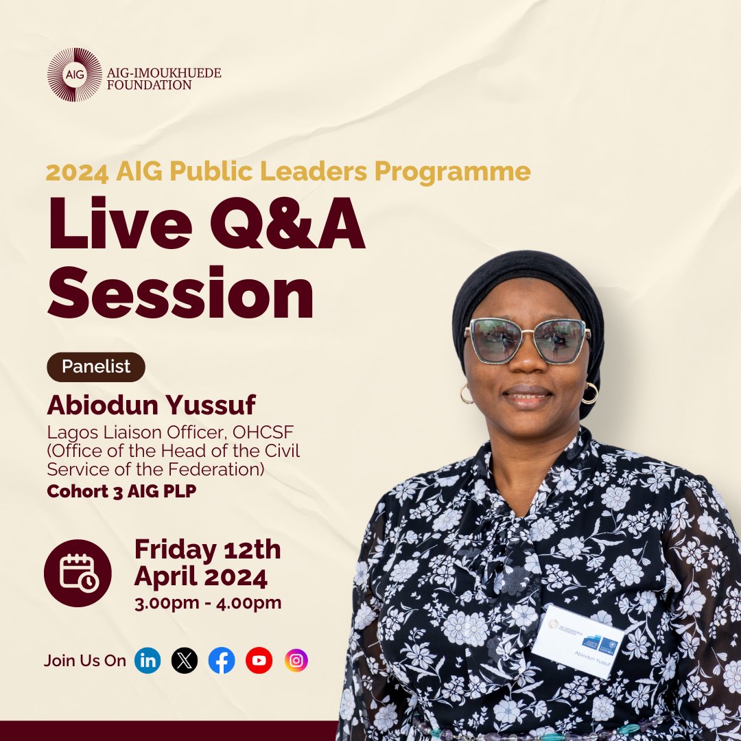 AigFoundation's tweet image. Save the date and join us for an enlightening discussion!
#AigPublicLeadersProgramme #LinkedInLiveQandA #AigImoukhuedeFoundation #ClosingtheGapbetweenAfricaandtheWorld