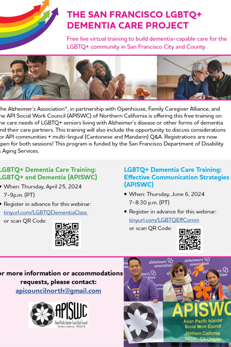 The APISW Council is excited to partner with the Alzheimer’s Association, Openhouse, & Family Caregiver Alliance for a free virtual training on April 25! Discover how to effectively care for LGBTQ+ seniors living with Alzheimer’s disease. 🌈  Register: tinyurl.com/LGBTQDementiaC…