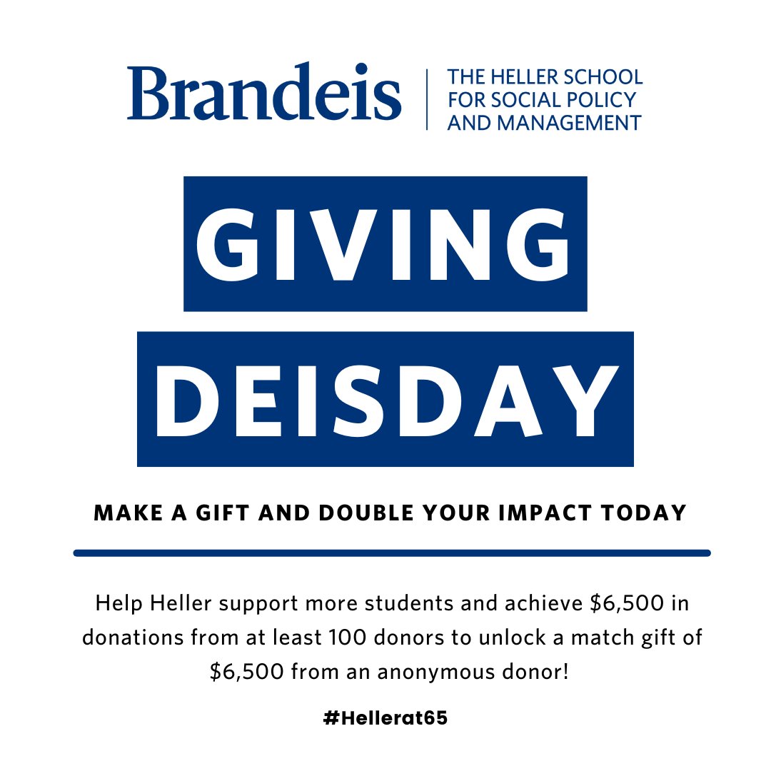 It’s Giving DEISDay🎉 Help Heller support more students and achieve $6,500 in donations from at least 100 donors to unlock a match gift of $6,500 from an anonymous donor! Please consider making a gift and double your impact today: bit.ly/3UbBoXp