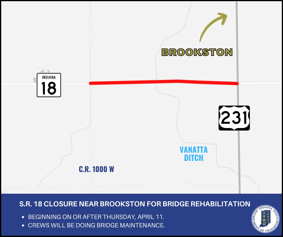 BEGINNING TODAY: (4/11) Crews will be closing down S.R. 18 near Brookston between County Road 1000 W and U.S. 231. ⛔🚧 For more information on the project, click below. ⬇ lnks.gd/2/2vDPVdH