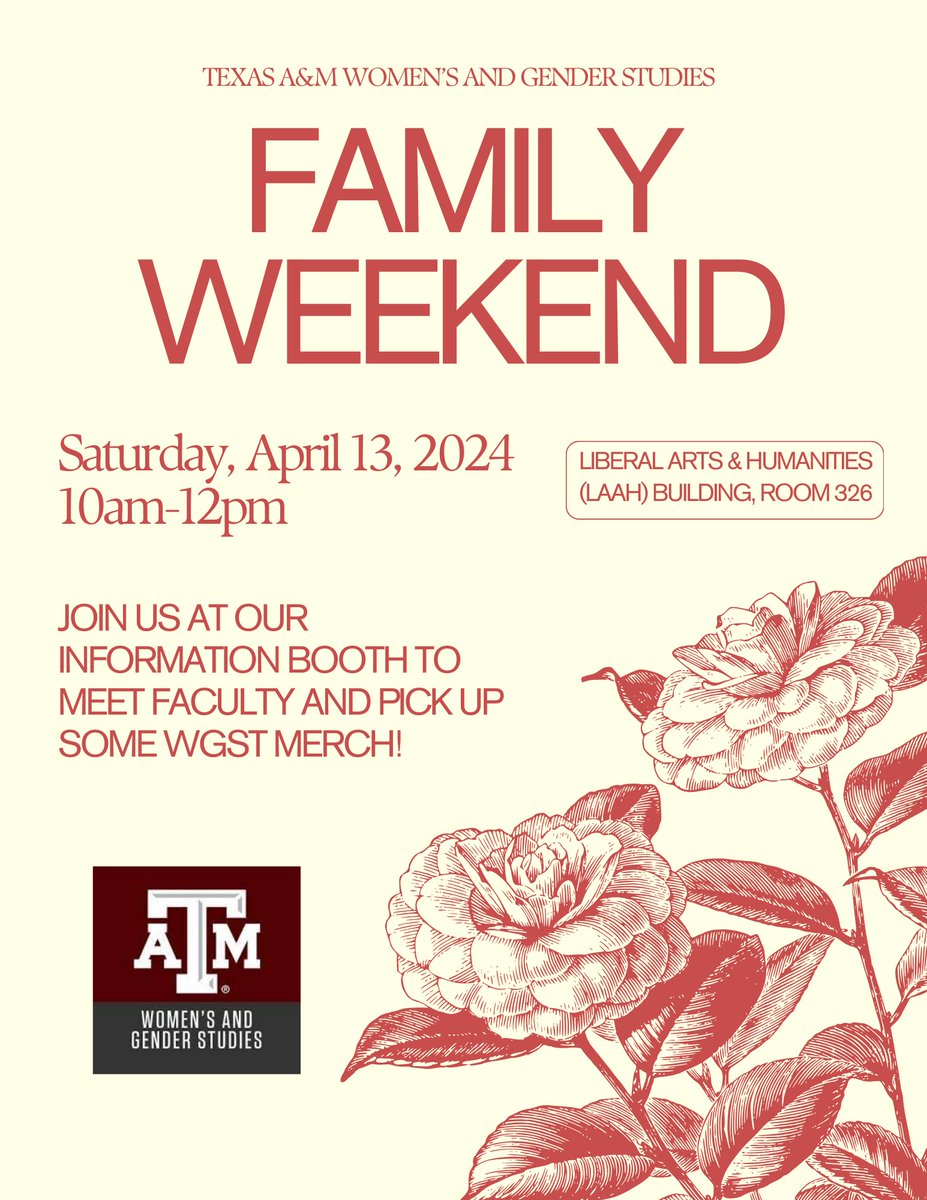 We hope to see you this Saturday at our program open house! Join us between 10am-12pm and meet students, faculty, and program ambassadors.

We will have refreshments and WGST merch! Stop by and say hi!👍

#tamu