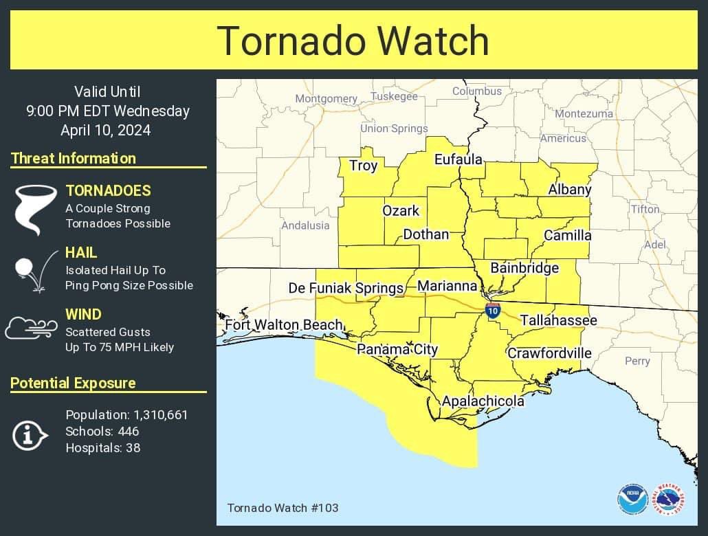 NEW: Tornado Watch until 9 PM for southeast Alabama. Stay weather alert and aware this afternoon and evening! #wsfa #12FirstAlert