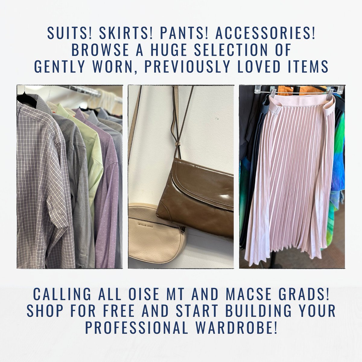 OISE Career Closet! Calling OISE MT and MASCE Grads! Come shop our amazing selection of previously loved clothing and accessories for FREE!! Details at: linktr.ee/ctloise