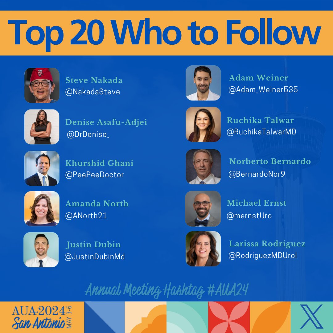 ⭐Exciting News!⭐ We're thrilled to announce our Top 20 Who to Follow list for this year's Annual Meeting! Get ready to stay informed and engaged with these incredible individuals, who will be sharing valuable insights, behind-the-scenes moments, and updates throughout #AUA24.