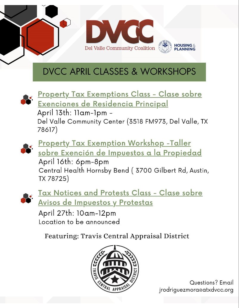 This month @ATXDVCC , the City of Austin, and @TravisCentralAD are hosting workshops to help you understand property taxes, exceptions, and more! Here are the details 👇🏽