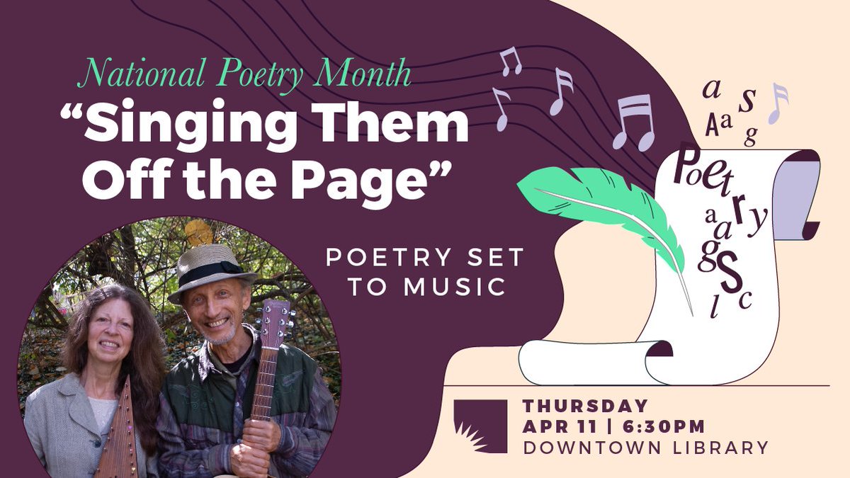 For National Poetry Month, poet Jennifer Burd & Laszlo Slomovits of the local duo Gemini present a program of classic poems set to music! The program will feature haiku and lyric poetry with live tunes. TOMORROW at 6:30 pm at the Downtown Library. aadl.org/node/622840