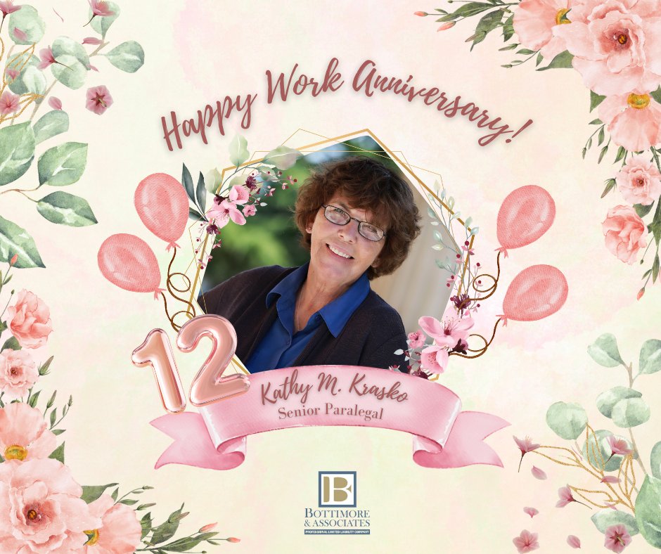 ⭐ Happy Work Anniversary #12! ⭐
– Kathy M. Krasko (Senior Paralegal) 
.
.
.
#BottimoreLaw #FamilyFocus #FamilyLaw #Law #Lawyer #HappyWorkAnniversary #WorkAnniversary