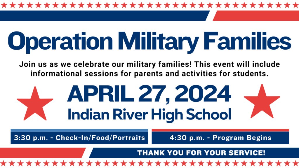 Our annual Operation Military Families event will be held on Saturday, April 27th, at Indian River High! Take free family 📷's, enjoy a performance by the U.S. Fleet Forces Band Woodwind Quintet and dinner. Register to attend: tinyurl.com/CPSMilitaryFam…