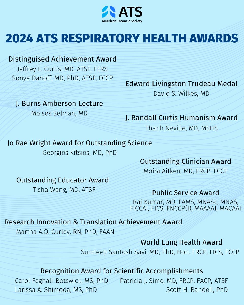 We are so thrilled to announce the recipients of our 2024 Respiratory Health Awards! The Respiratory Health Awards will be presented at several events during #ATS2024. Congratulations to all of the deserving recipients!🎉