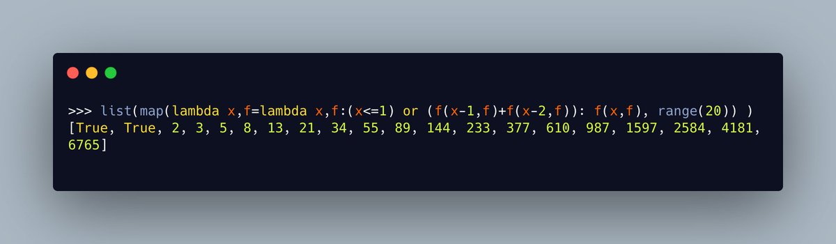 Did you know you can calculate the Fibonacci sequence in #Python using the following 🐍 list() 🐍map() 🐍 range() 🐍 lambda It's weird code, but it's still neat!
